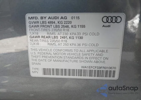 2015 Audi Q3 2.0T Premium Plus из США, поврежденный, VIN WA1EFCFS9FR010670